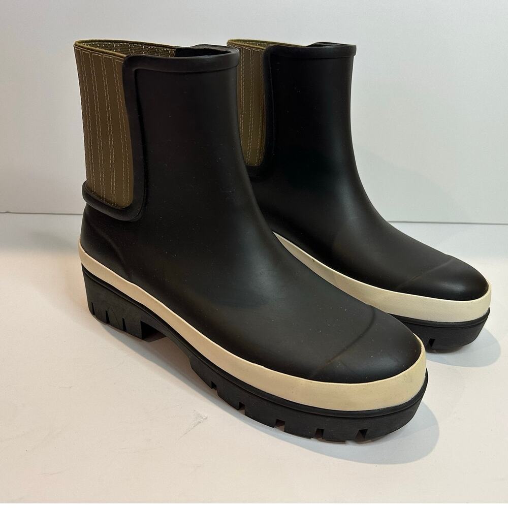 Tory Burch Hurricane Lug Sole Waterproof Rain Boots Women's Black Cream Size 9